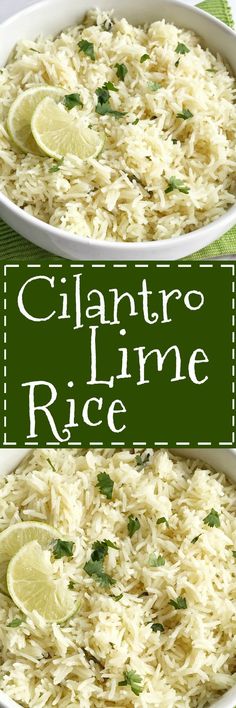 two white bowls filled with rice and garnished with lime