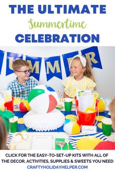 two children sitting at a table in front of a banner that says make party time fun and easy