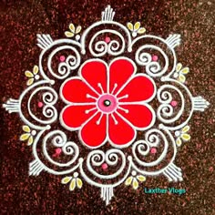 a red flower is drawn on the ground with white lines and swirls around it