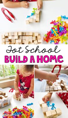 a collage of photos showing how to build a home with wooden blocks and letters