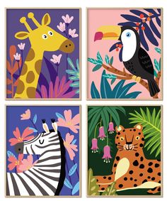 four different pictures of animals and plants in the same square shape, each with a giraffe, zebra, and toucan