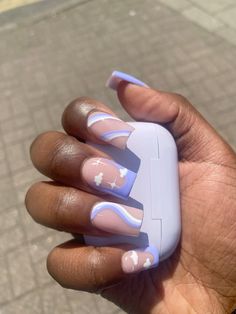 Cute Prom Nails Acrylic French Tip And Short, Nail Inspo Simple Coffin, Indie Nail Inspo Acrylic, Purple And White Square Nails, Purple And White Nails Acrylic Short, Pale Nails Acrylic, May Themed Nails, Short Purple Acrylic Nails With Rhinestones, Lilac Cloud Nails