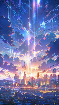 an anime cityscape with the sky in the background and clouds above it at night