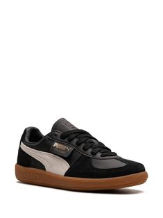 PUMA Palermo "Puma Black/Feather Gray/Gum" Sneakers - Farfetch Puma Logo Leather Sneakers For Sports, Puma Leather Sneakers For Sports, Leather Puma Sneakers For Sports, Puma Logo High-top Leather Sneakers, High-top Leather Puma Sneakers, Leather High-top Puma Sneakers, Black Leather Sneakers With Gum Sole, Black Suede Sneakers With Gum Sole, Classic Puma Sneakers With Round Toe