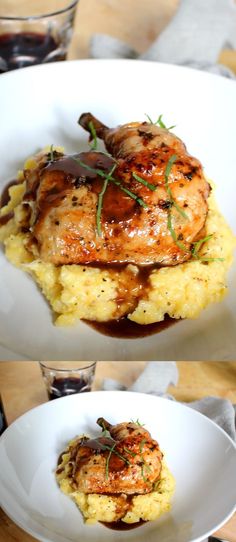 two white plates topped with meat covered in gravy