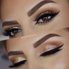 #glitter #eyes #makeup #ojos #maquillaje #escarcha #eyeliner #eyeshadow Beautiful Wedding Makeup, Makeup Cantik, Make Up Gold, Gold Glitter Wedding, Makeup Tip, Glitter Eye Makeup