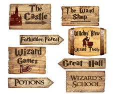 wooden signs with the names of hogwart's locations