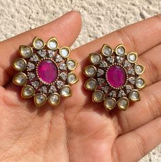 Sabyasachi Inspired Ruby Polki Stud Earrings, crafted with Uncut Polki gems and intricate Jadau Kundan work, these earrings exude timeless elegance. The mesmerizing Pink doublets evoke a sense of regal charm, while the fusion of tradition and luxury makes them perfect for any occasion. Elevate your style with these exquisite earrings, a true reflection of opulence and grace. *𝐏𝐑𝐎𝐃𝐔𝐂𝐓 𝐃𝐄𝐓𝐀𝐈𝐋* * Material: Brass * Plating: Gold Plated * Stone: Semi Precious Kundan & Polki. *𝐃𝐈𝐌𝐄𝐍? Festive Bridal Earrings With Gemstones, Oval Wedding Earrings With Intricate Design, Traditional Round Rose Cut Diamond Earrings, Round Gemstone Earrings For Diwali, Traditional Oval Earrings With Hand Set Details, Gemstone Round Earrings For Diwali, Traditional Oval Hand Set Earrings, Traditional Hand Set Oval Earrings, Diwali Gemstone Round Earrings