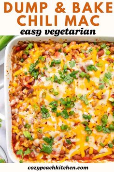 a casserole dish filled with dump and bake chili macaroni