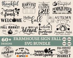 the farmhouse sign fall svg bundle includes pumpkins, leaves and other hand lettering