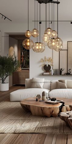 a living room filled with furniture and lots of lights hanging from it's ceiling