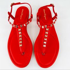 Salvatore Ferragamo -Condition: Brand New Item With Original Box. -All Of Our Items Are 100% Authentic. -Size: Us 9.5 (Fits True To Size). -Width: C (Wide). -Model: Tahiti. -Color: Coral. -Code: 0730063 -Tahiti Embellished Leather Thong Sandals. -Chic Leather Thongs Dotted With Miniature Goldtone Hardware Along The Straps. -Thong Toe. -Adjustable Ankle Strap -Leather Lining; Leather Sole. -Made In Italy. -Retails For $650.00 -Item Ships Out Within 24 Hours. Red Embellished Sandals For Spring, Red Embellished Formal Sandals, Spring Embellished Red Sandals, Elegant Embellished Red Sandals, Elegant Red Embellished Sandals, Luxury Red Sandals For The Beach, Luxury Red Beach Sandals, Low Block Heel Sandal, T Strap Flats