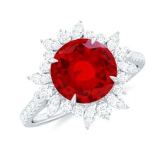 Round Created Ruby Statement Ring with Moissanite Floral Halo Lab Created Ruby - ( AAAA ) - Quality - Rosec Jewels Luxury Round Red Ruby Ring, Luxury Red Ruby Round Ring, Luxury Lab-created Ruby Ring Round Cut, Red Ruby Round Ring, Luxury, Luxury Flower-shaped Ruby Ring, Make Her Feel Special, Floral Cocktails, Floral Halo, Ruby Gemstone