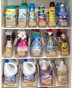 the inside of a refrigerator filled with lots of cleaning products and detergents on shelves