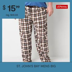 These St. John's Bay men's big plaid pajama pants are perfect for a restful night's sleep or relaxing at home. Made from 100% cotton, the pajama pants feature two side slip pockets and an elastic-drawstring waist. Complete the comfy look with a soft t-shirt and slippers. Closure Type: Full Elastic, DrawstringPockets: 2 Side Slip PocketsApparel Length: 47 InchesFiber Content: 100% PolyesterFabric Description: Knit, MicrofleeceInseam: 32 InCare: Machine Wash, Tumble DryCountry of Origin: Imported Plaid Pajama, Plaid Pajama Pants, Plaid Pajamas, Pants White, Home Made, Drawstring Waist, Pajama Pants, Pajamas, Slippers