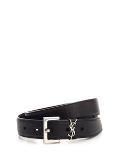 Black "Monogram" leather belt with silver finish buckle and YSL metal loop from Saint Laurent. Belt For Men, Best Wallet, Monogrammed Leather, Wallet Bag, Pump Sandals, Small Leather Goods, Mens Belts, Lace Up Shoes, Pump Shoes