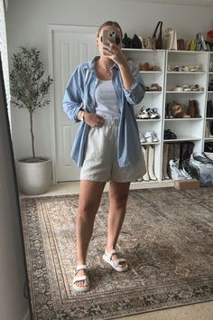 Linen Shorts & Button-Down: Chic and Polished for Work or Play Linen Trouser Shorts, Linen Shorts Outfit Fall, Baggy Linen Shorts Outfit, Linen Shorts Outfit Midsize, Linen Shorts Outfit Aesthetic, Tan Linen Shorts Outfit Summer, Stretchy Shorts Outfit, Linen Short Outfits For Women, Casual Linen Shorts Outfit