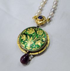 "Vintage antique 22 K solid gold and Ruby pearl Sapphire gemstone Necklace. Original old Royal piece with Maharaja (king)miniature painting inserted in very good condition. Size of pendant-3.5 cm, Length -35 cm(13.77\") end to end, free size easy to adjust the length by moving cord knot. weight-44 grams, material -22 K gold, Ruby, pearls, Sapphire." 22k Gold Bangles, Sterling Silver Bangle Bracelets, 925 Silver Earrings, Gold Bangle Bracelet, Silver Bangle Bracelets, Sterling Silver Bangles, Sapphire Gemstone, Gold Pearl, 22k Gold