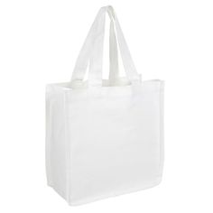 a white tote bag on a white background with the handles down and one side open