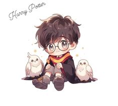 harry potter sitting on the ground with three owls around his feet and one owl perched on top of him