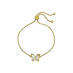 The timeless look is given an on-trend update with this chic bracelet. Adjustable to fit a wide range of wrist sizes. Its sleek butterfly design is perfect for any taste. Can be worn solo or stacked with other bracelets for a boho look..Genuine butterfly shape crystal stones and round cubic zirconia, total carat weight of crystal- 0.69, total carat weight of cubic zirconia- 0.69.Set in 14k gold plated or fine silver plated brass metal.Approximate bracelet circumference- 11'.Bead slide closure.Th Adjustable Gold Butterfly Jewelry, Adjustable Butterfly Gold Jewelry, Adjustable Everyday Jewelry With Butterfly Charm, Adjustable Butterfly Charm Jewelry For Everyday, Trendy Metal Butterfly Jewelry, Trendy Butterfly Shaped Jewelry With Adjustable Chain, Adjustable Bracelet With Butterfly Clasp As Gift, Adjustable Bracelet With Butterfly Clasp For Gifts, Adjustable Bracelets With Butterfly Clasp For Gifts