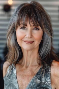 Medium Length Hair With Bangs Round Face, Hair For Women Over 50 With Bangs, Curved Bangs Medium Hair, Beachy Waves With Bangs, Long Hair With Bangs Over 50, French Twist With Bangs, Bangs After 50, Long Hairstyles With Bangs Over 40, Hair Medium Length Styles