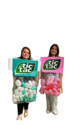 two girls are holding bags of candy and candies in front of their faces with the words tic tag on them