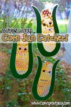 the words bubble wrap corn sun catchers are in front of a window with trees and bushes