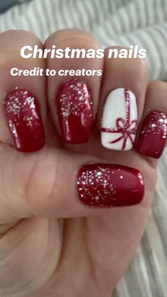 someone is holding up their nails with red and white designs on it, while the words christmas