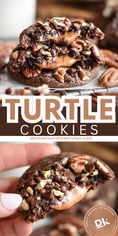 chocolate turtle cookies with nuts on top