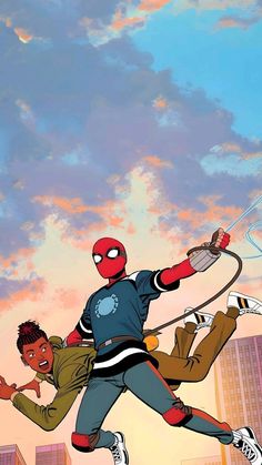 spider - man and deadpool flying through the air with their hands in each other's pockets