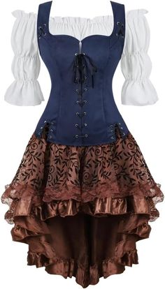 PRICES MAY VARY. Women's renaissance pirate shirts blouse and vest with eyelets and ribbons at the front and ties at the back to adjust the size and fit perfectly over the bodice. Women Pirate shirts Renaissance Vest set Costume ：polyester spandex Soft faux fleece fabric Women Pirate shirts set Renaissance Vest Viking Steampunk Cosplay Costume Peasant Bodice Lace-up Waistcoat Halloween black wine red beige dark blue vest brown vest coffee vest This Renaissance shirts Pirate vest set is perfect f Medieval Dress Peasant, Corset With Skirt, Medieval Costume Women, Steampunk Corset Dress, Costume Viking, Irish Dress, Pirate Dress, Female Pirate Costume, Steampunk Dress