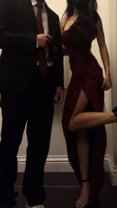 new years eve outfit: burgundy long dress Prom Dress Burgandy, Red Black Couple Outfits, Aesthetic Red Dress Outfit, Elegant Dark Red Dress, Red Relationship Aesthetic, Dark Red Romance Aesthetic, Red Dress Aesthetic Prom, Dark Prom Aesthetic, Red Fancy Outfits