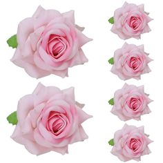 four pink roses with green leaves on them