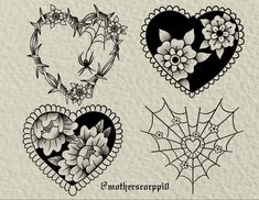 four heart shaped tattoos with flowers and leaves on the front, one is black and white