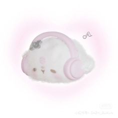 a white cat with pink headphones laying down