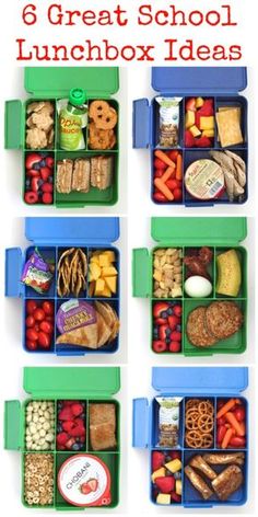 six lunch boxes filled with food and the words, 6 great school lunchbox ideas