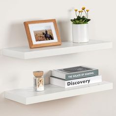 two white floating shelves with books and plants on them, one has a picture frame