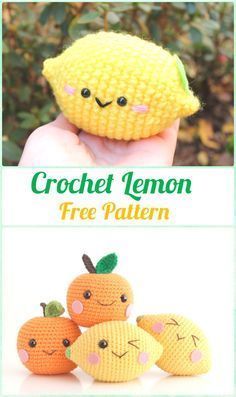 the crochet lemon pattern is shown with four small pumpkins and two smaller ones