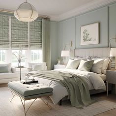 a bedroom with blue walls and white furniture