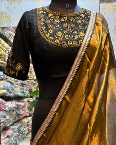 Gold tissue saree with black hand worked blouse Gold Tissue Saree, Hand Worked Blouse, Blouse Handwork, Ready Made Blouse, Worked Blouse, Handwork Blouse, Golden Saree, Sarees For Girls