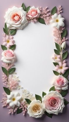 flowers are arranged in the shape of an oval frame on a purple background with space for text