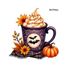 a coffee cup with whipped cream and pumpkins on the side, surrounded by fall leaves