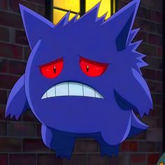 an evil looking cartoon character with red eyes and big ears, standing in front of a brick wall