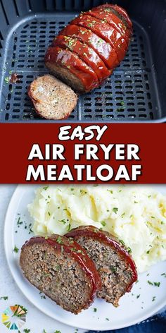 an air fryer meatloaf on a plate with mashed potatoes and ketchup