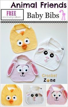 four crocheted baby bibs are shown with the words animal friends on them