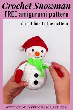 This Amigurumi snowman is a perfect crochet project for you to have fun with and to put a smile on your loved ones' face. This FREE crochet snowman pattern is easy to follow and I have included many photos to guide you through it. Visit my blog at www.cuddlystitchescraft.com for more free crochet toy and animal patterns. #crochettoy #crochetanimal #crochetdoll #amigurumi #amigurumipattern Crochet Snowman With Lights Free Pattern, Crochet A Snowman, Crochet Snowman Hat Free Pattern, Crochet Snowmen Patterns Free, Easy Crochet Snowman Free Pattern, Free Snowman Crochet Patterns