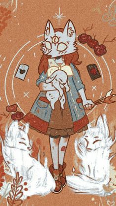 a drawing of a woman holding a cat in her arms and two white dogs behind her