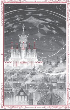 a black and white drawing of a castle in the sky with red trimmings