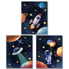 three pictures of an astronaut floating in space with stars and planets around them, one is holding